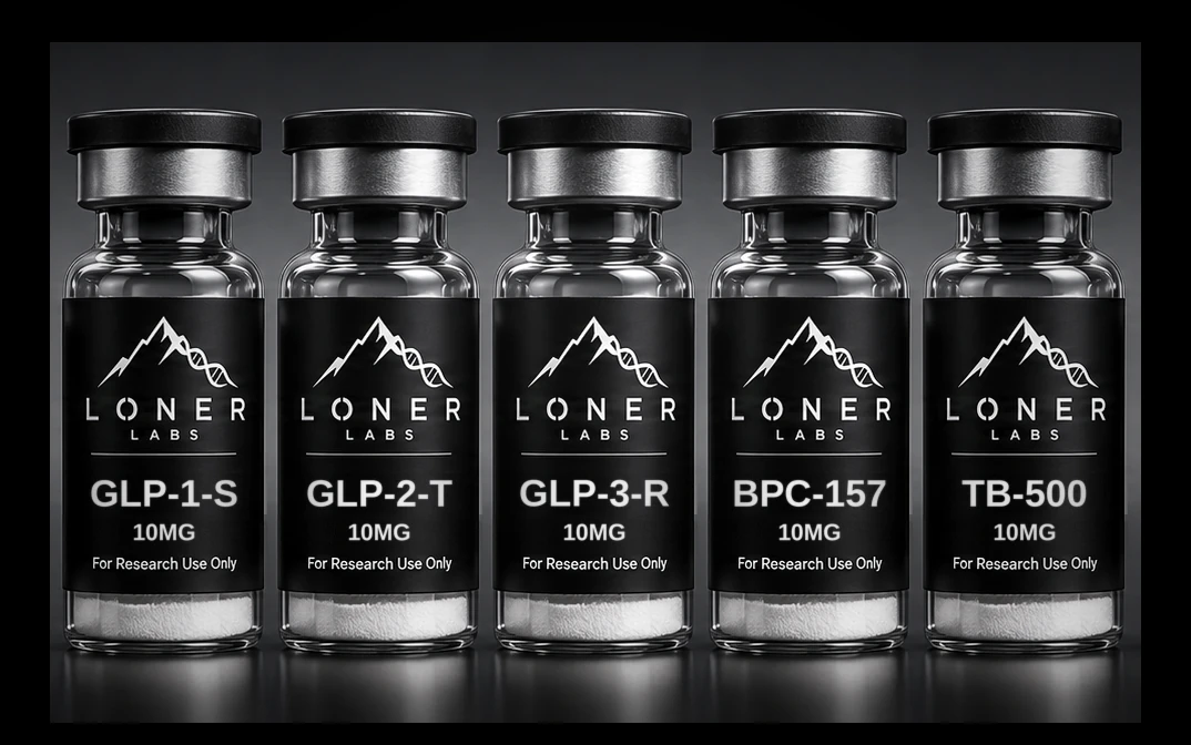 Loner Labs research vials: GLP-1-S, GLP-2-T, GLP-3-R, BPC-157 and TB-500